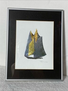 Vintage Raymond Cox Framed Hand Wrought Pewter Metallic Sailboat Wall Art